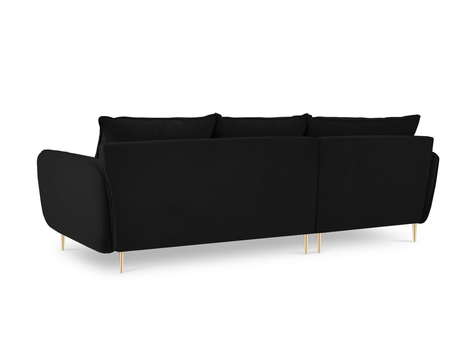 Elegantes 5-Sitzer Ecksofa in schwarzem Velours, linksseitig, mit edlen goldenen Akzenten – ideal für moderne Wohnräume.