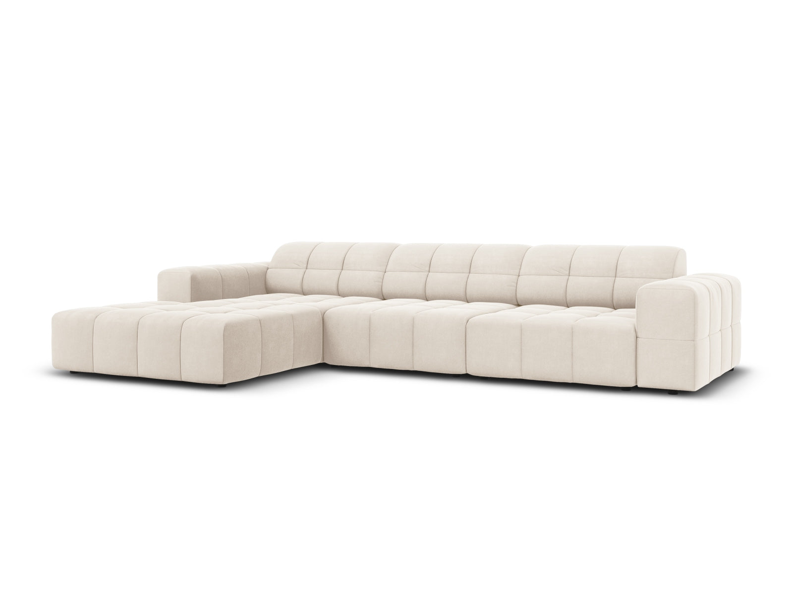 Elegantes Chicago Velour Ecksofa links, 4-Sitzer in Light Beige-Bluvel, ideal für stilvolle Wohnräume, präsentiert von Cosmopolitan Design.