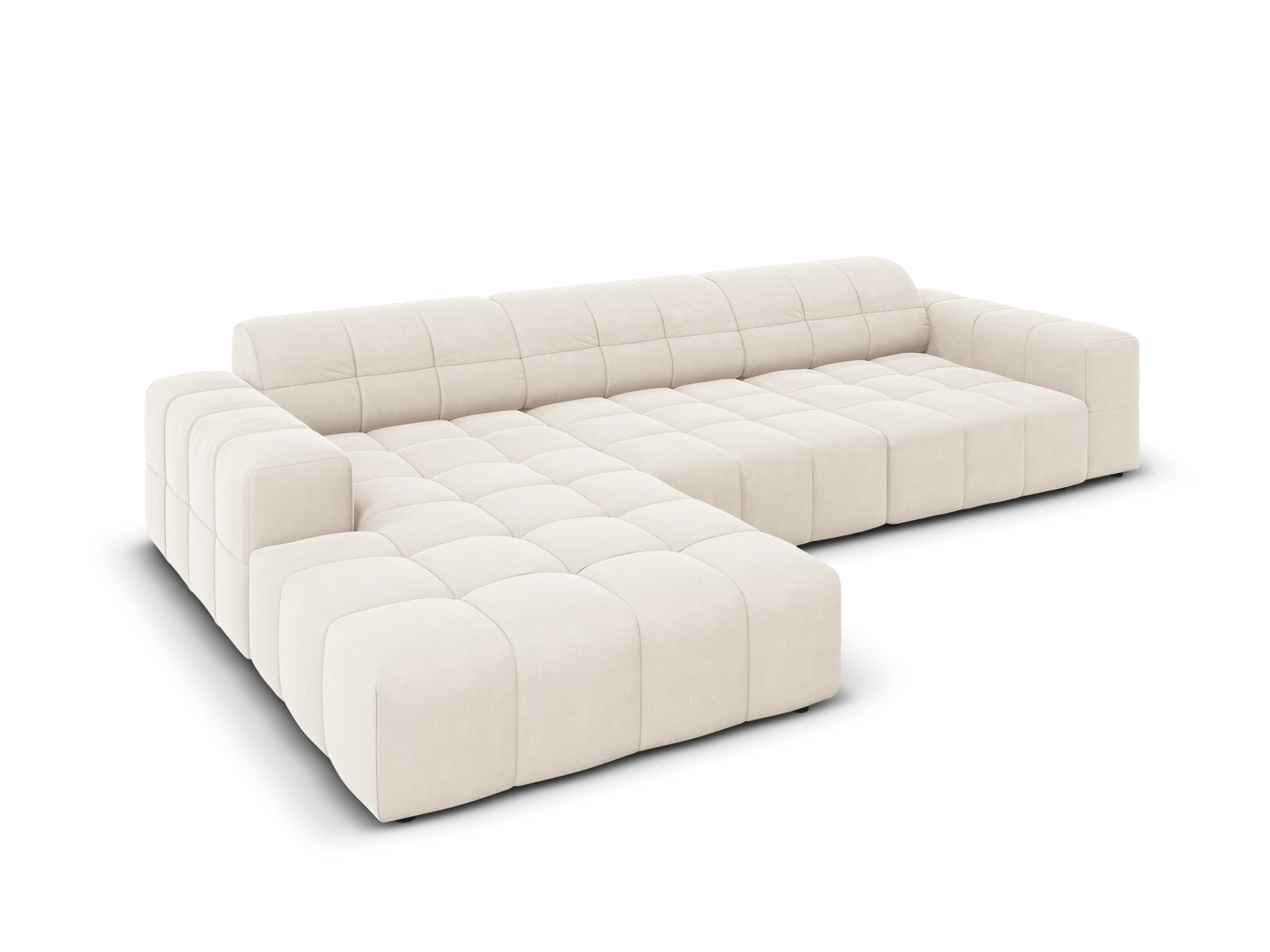 Modernes Chicago Velour Ecksofa links, 4-Sitzer in sanftem Beige, perfekt für gemütliche und stilvolle Wohnambiente von Cosmopolitan Design.