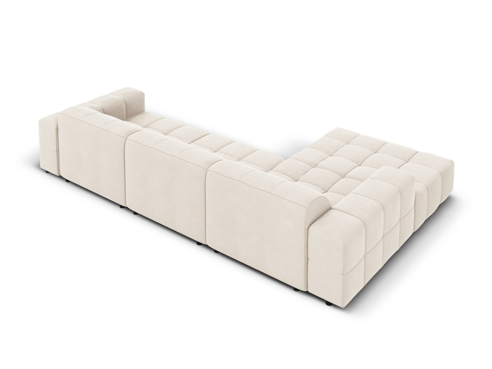 Elegantes Chicago Velour Ecksofa links, 4-Sitzer in warmem Beige, ideal für stilvolle und einladende Wohnräume von Cosmopolitan Design.