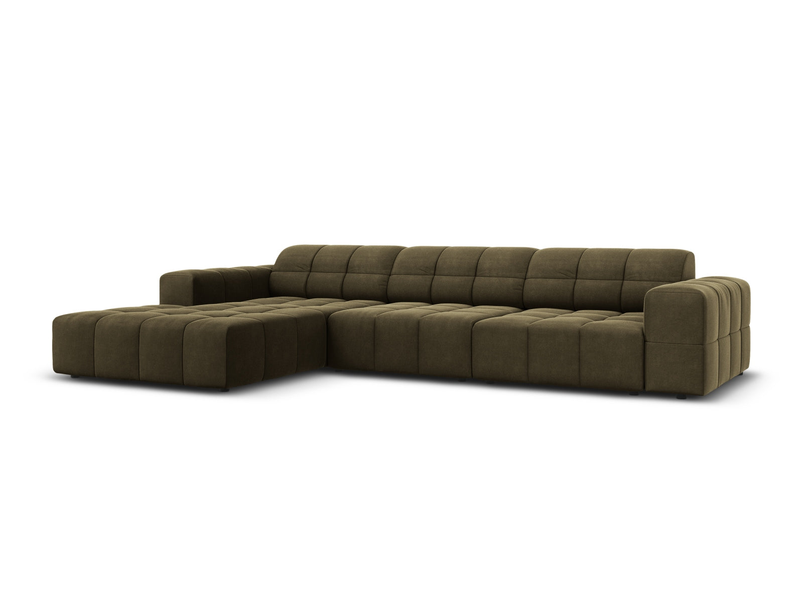 Elegantes Chicago Velour Ecksofa links, 4 Sitzer, 166cm in stilvollem Green-Bluvel, ideal für moderne Wohnräume.