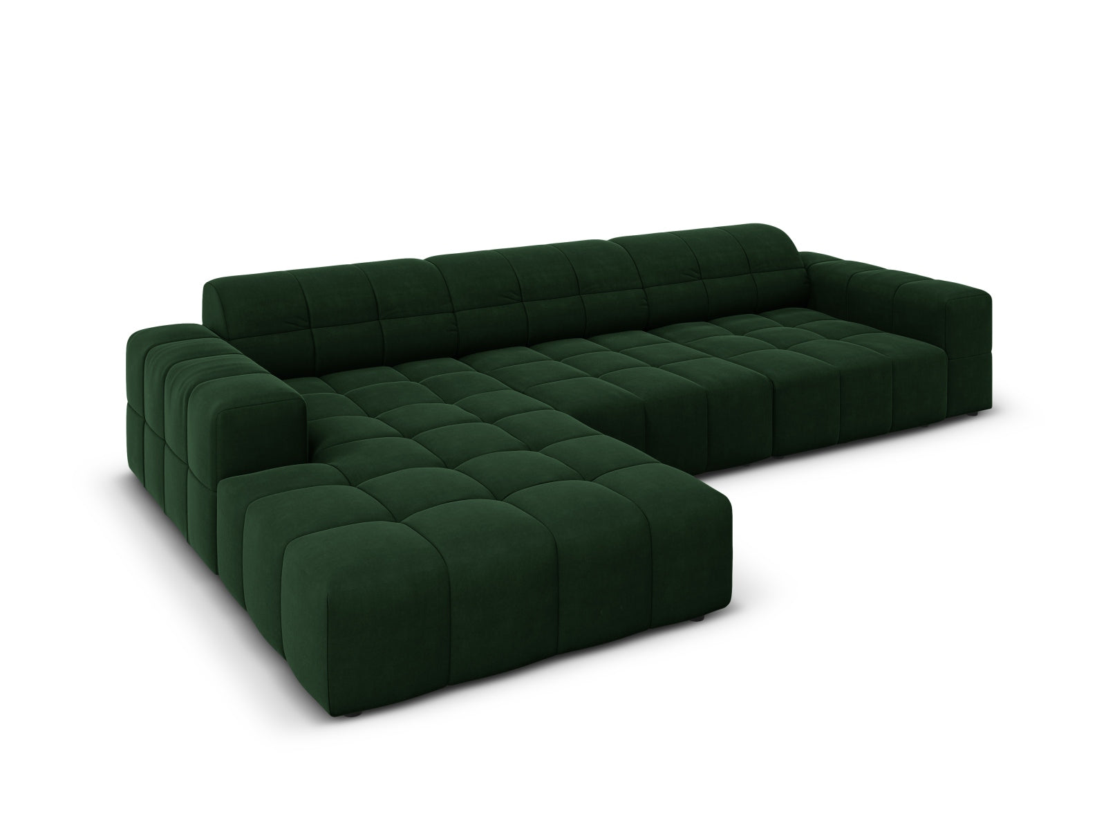 Modernes 4-Sitzer Chicago Velour Ecksofa links in edlem Bottle Green-Bluvel, perfekt für gemütliche und stilvolle Wohnambiente.