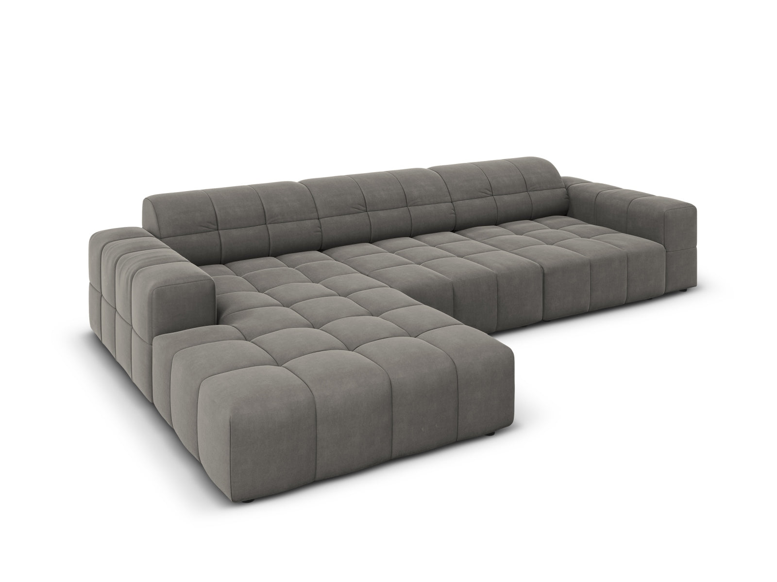Modernes 4-Sitzer Ecksofa Chicago in Velours, linksseitig, in sanftem Light Grey-Bluvel, perfekt für gemütliche Wohnzimmer.