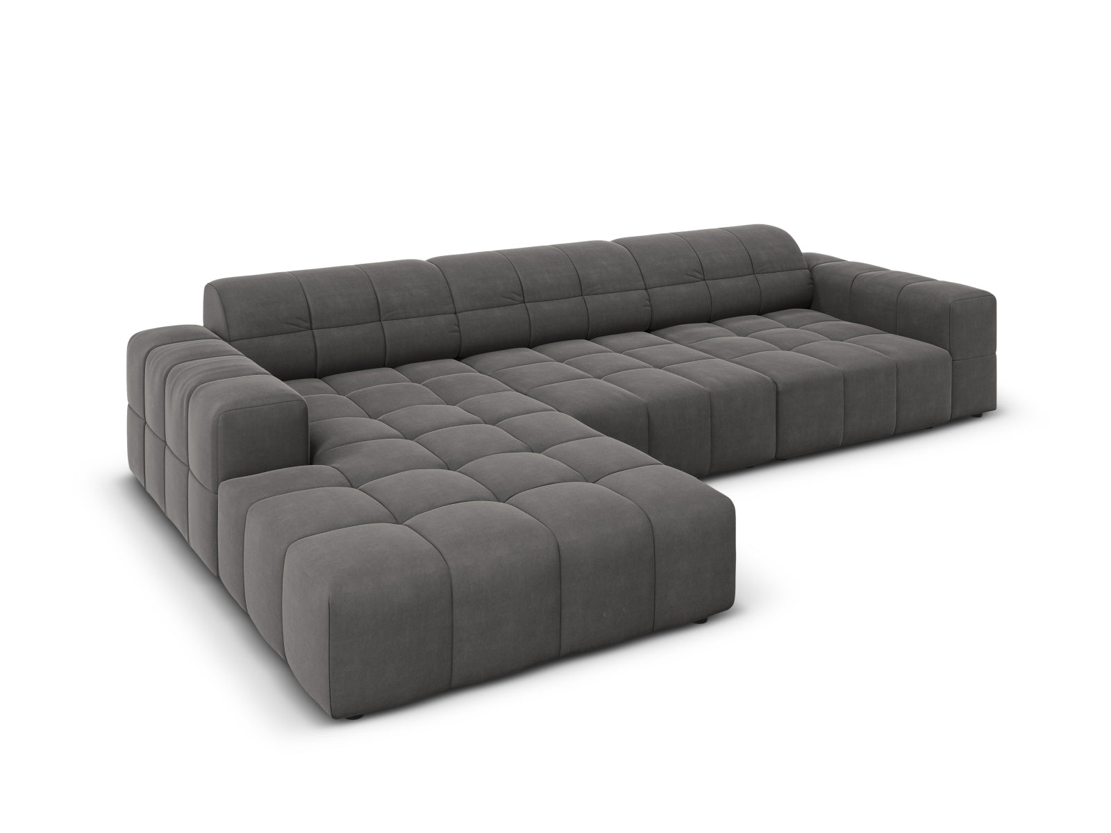 Modernes 4-Sitzer Ecksofa Chicago aus Velours, links, 166 cm, in ansprechendem Grau-Blau, perfekt für stilvolle Wohnzimmer.
