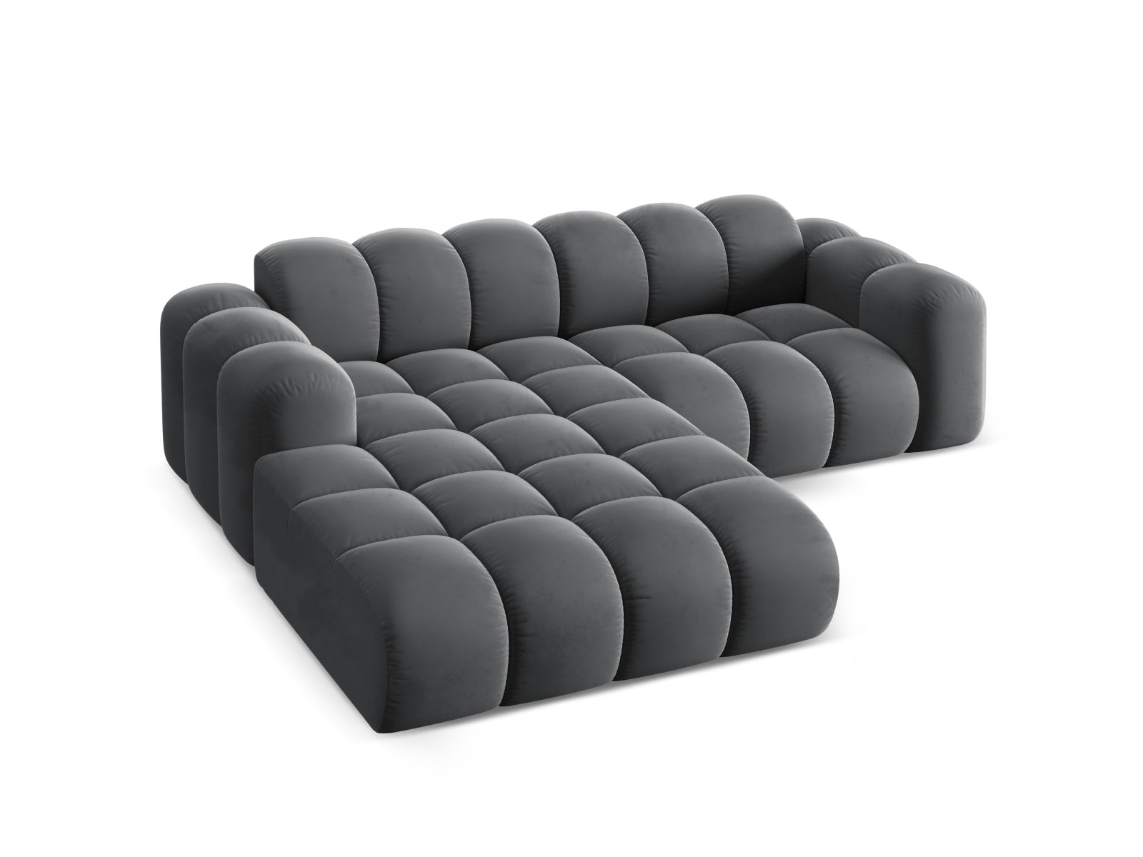 Stylisches 3-Sitzer Ecksofa Treno in elegantem Grau-Bluvel, ideal für entspannte Stunden im Wohnzimmer, erhältlich bei Cosmopolitan Design.