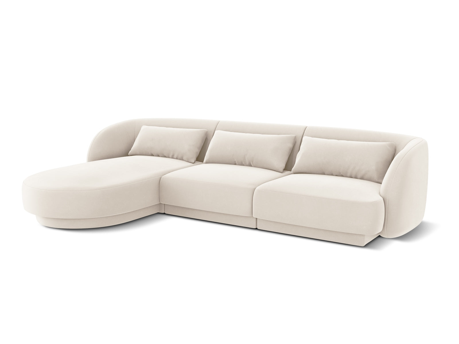 Modernes Tulum Velour Ecksofa links in sanftem Beige, 4-Sitzer mit 156 cm, perfekt für gemütliche und stilvolle Wohnbereiche.