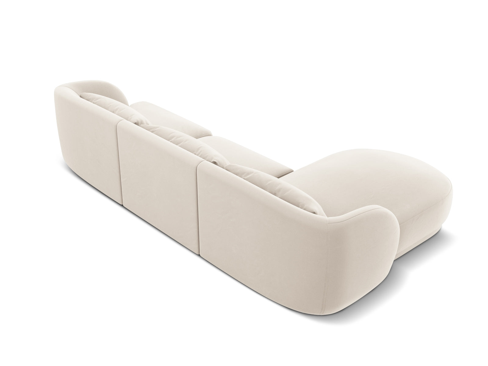 Elegantes Tulum Velour Ecksofa links in zartem Beige, 4-Sitzer mit 156 cm, ideal für stilvolle und einladende Wohnräume.