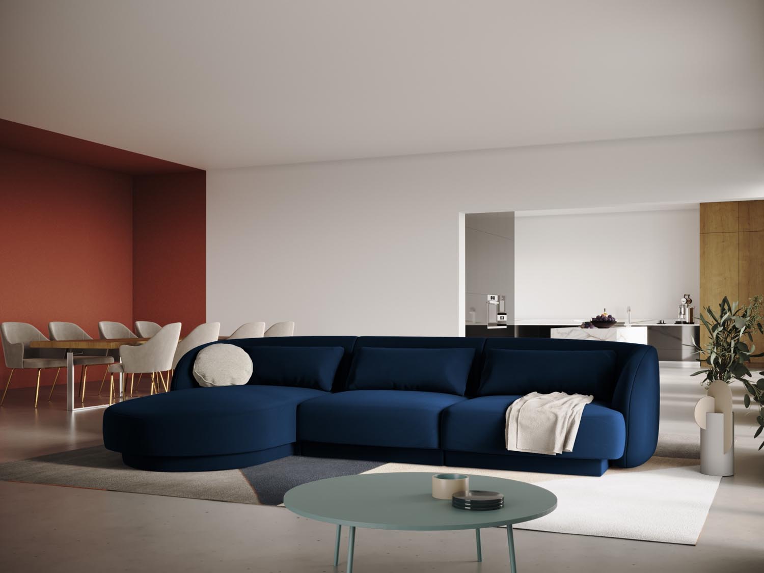 Elegantes Tulum Velour Ecksofa links in Royal Blue, ideal für stilvolle Wohnräume. Komfortables 4-Sitzer Design von Cosmopolitan Design.