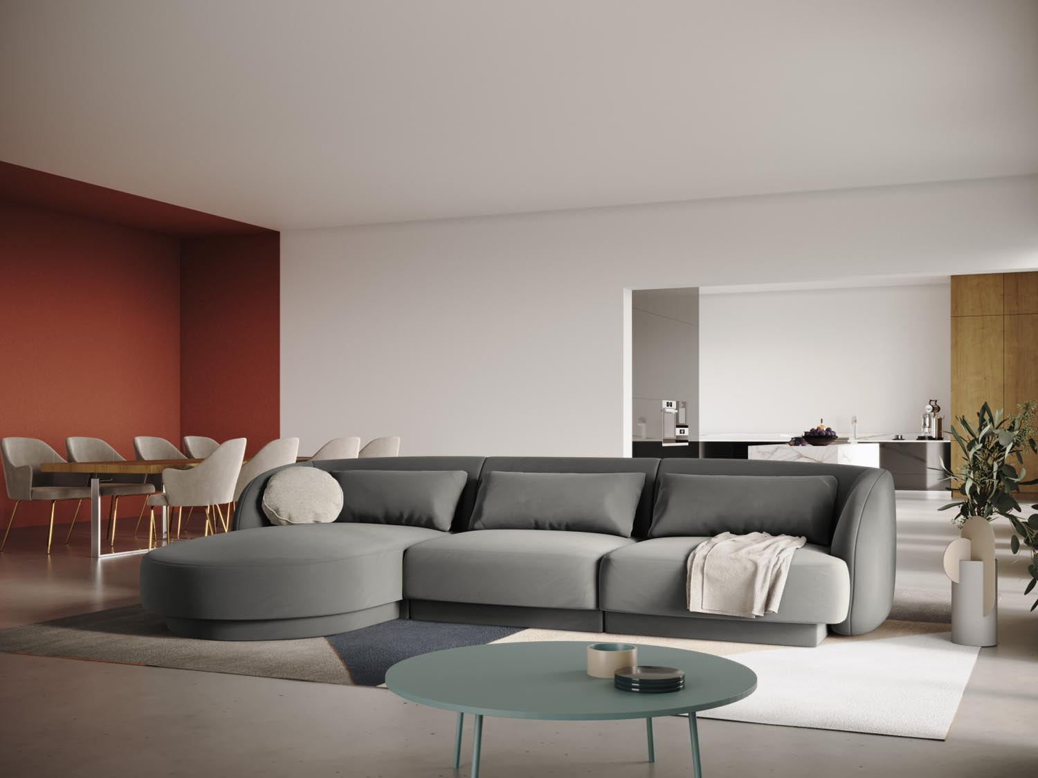 Elegantes Tulum Velour Ecksofa links in Light Grey-Bluvel, ideal für stilvolle Wohnräume. Komfortables 4-Sitzer Design von Cosmopolitan Design.