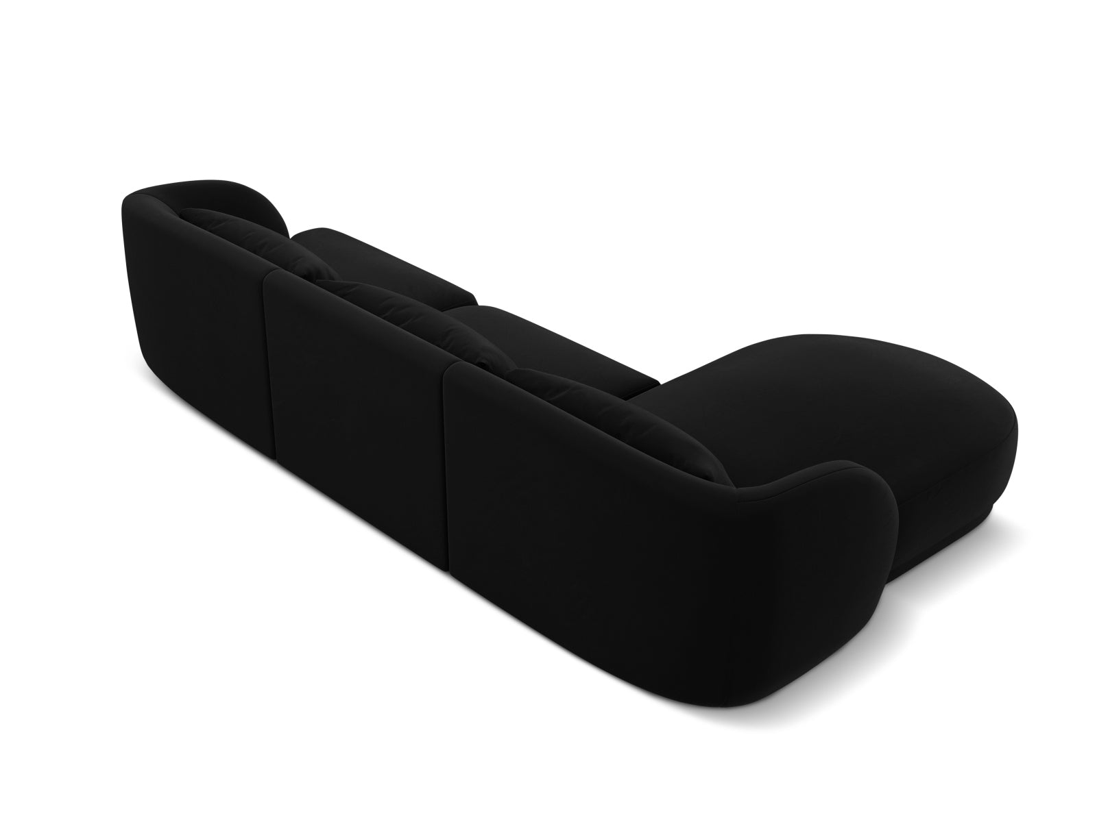 Elegantes Tulum Velour Ecksofa links in luxuriösem Schwarz-Bluvel, 4-Sitzer, ideal für stilvolle und komfortable Wohnräume von Cosmopolitan Design.