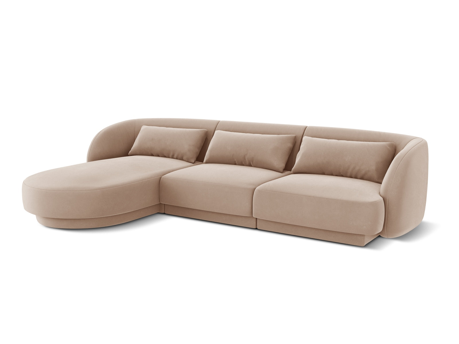 Beige Tulum Velour Ecksofa links, 4-Sitzer, 156 cm, elegantes und modernes Sofa für stilvolle Wohnräume, erhältlich bei Cosmopolitan Design.
