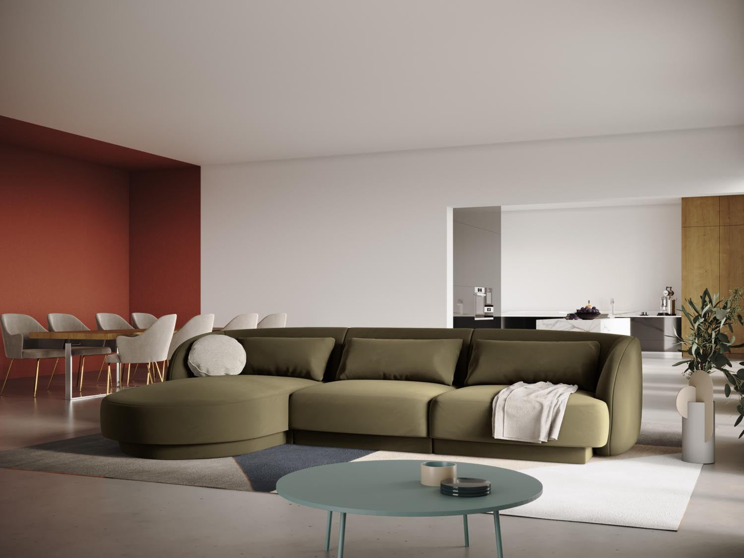 Elegantes Tulum Velour Ecksofa links, 4-Sitzer in Green-Bluvel, ideal für stilvolle Wohnräume, präsentiert von Cosmopolitan Design.