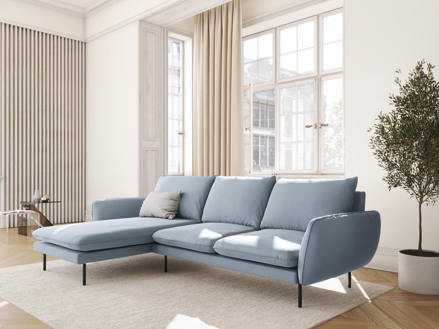 Vienna Velour Ecksofa links 5 Sitzer 170cm in Light Blue/Schwarz-Bluvel präsentiert im Onlineshop von KAQTU Design AG. Ecksofa links ist von Cosmopolitan Design