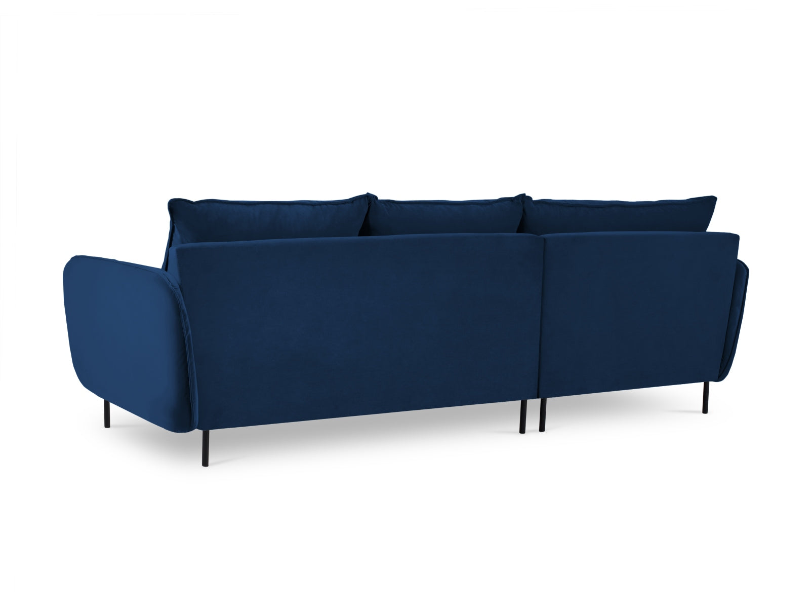 Elegantes linksseitiges Ecksofa in Royal Blue und Schwarz-Bluvel, ideal für stilvolle Wohnräume und entspannte Abende.