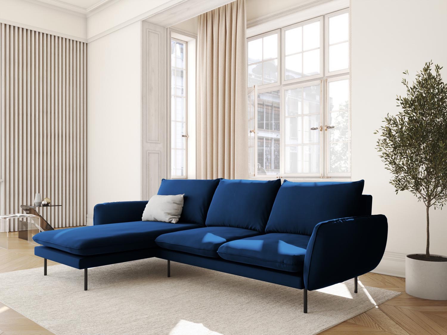 Vienna Velour Ecksofa links 5 Sitzer 170cm in Royal Blue/Schwarz-Bluvel präsentiert im Onlineshop von KAQTU Design AG. Ecksofa links ist von Cosmopolitan Design