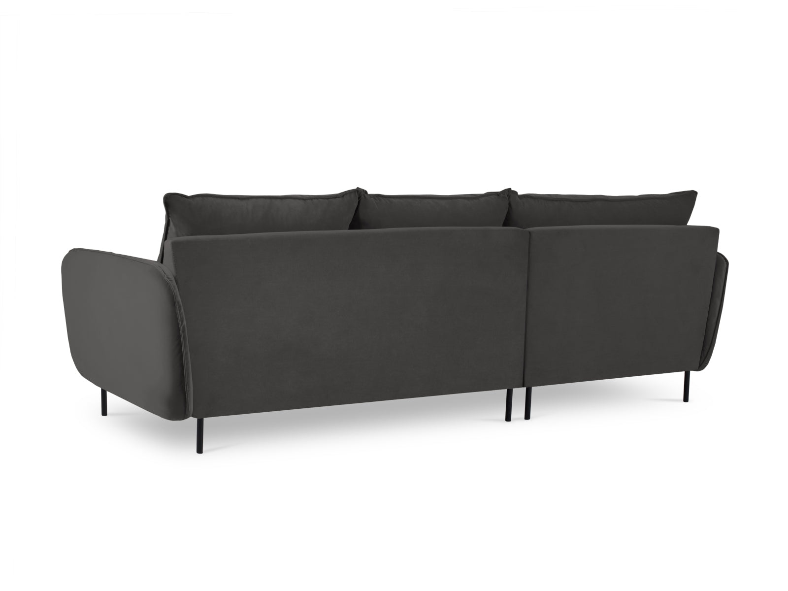 Elegantes linksseitiges Ecksofa in Velours, ideal für stilvolle Wohnräume, bietet Platz für bis zu fünf Personen.