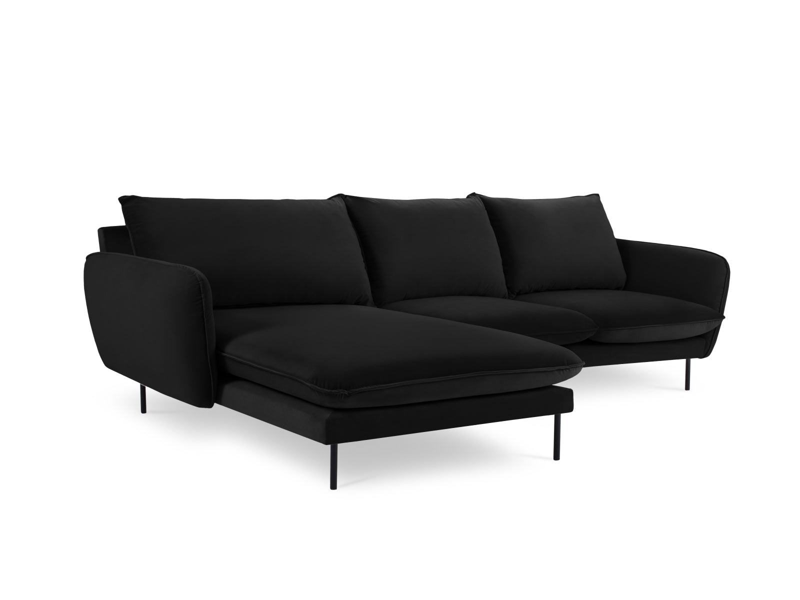 Modernes, schwarzes Ecksofa Vienna Velour links, 5-Sitzer mit 170 cm, perfektes Möbelstück für gemütliche und elegante Wohnambiente.