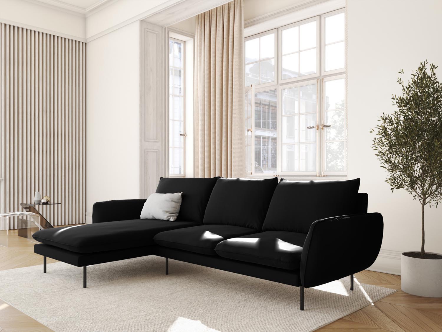 Elegantes Vienna Velour Ecksofa links in Schwarz, 5-Sitzer mit 170 cm Breite, ideal für stilvolle Wohnräume.
