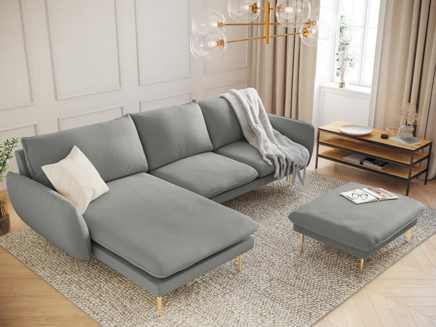 Elegantes Vienna Boucle Ecksofa links, 5 Sitzer, 170cm, in stilvollem Grau mit goldenen Akzenten, ideal für moderne Wohnräume.