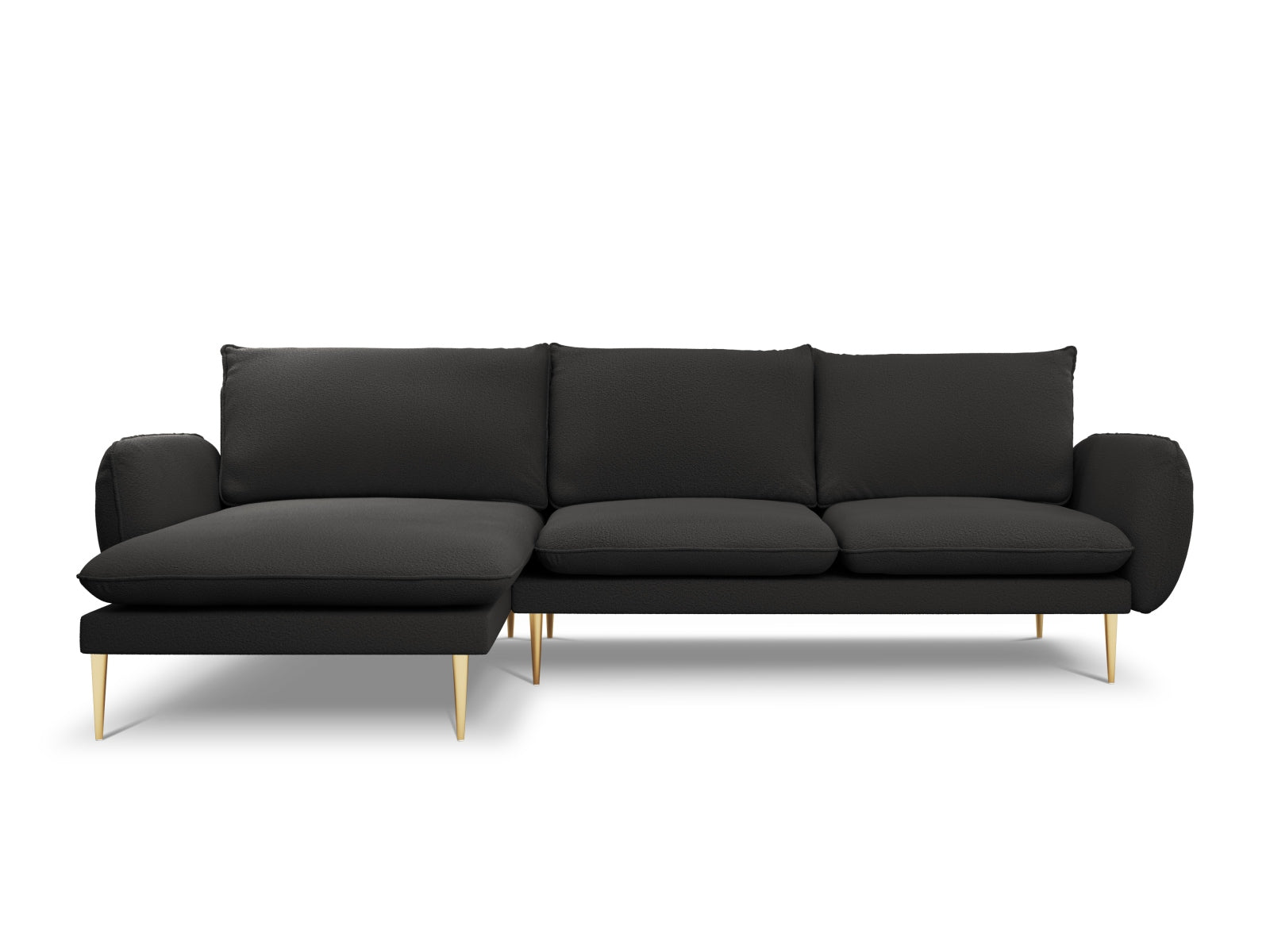 Stylisches Vienna Boucle Ecksofa links in edlem Schwarz und Gold, perfekt für zeitgemäße Wohnzimmer, großzügiger 5-Sitzer mit 170 cm.