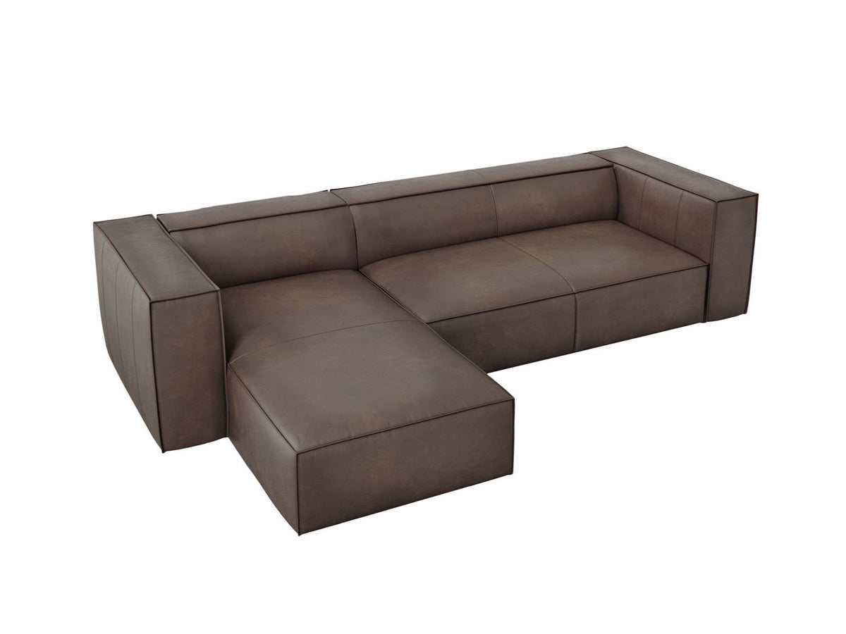 Turin Ecksofa links aus Rindsleder in Grey Brown-Granada, Massivholzrahmen, Récamiere und Holzfüsse, 5 Sitzplätze, Cosmopolitan Design