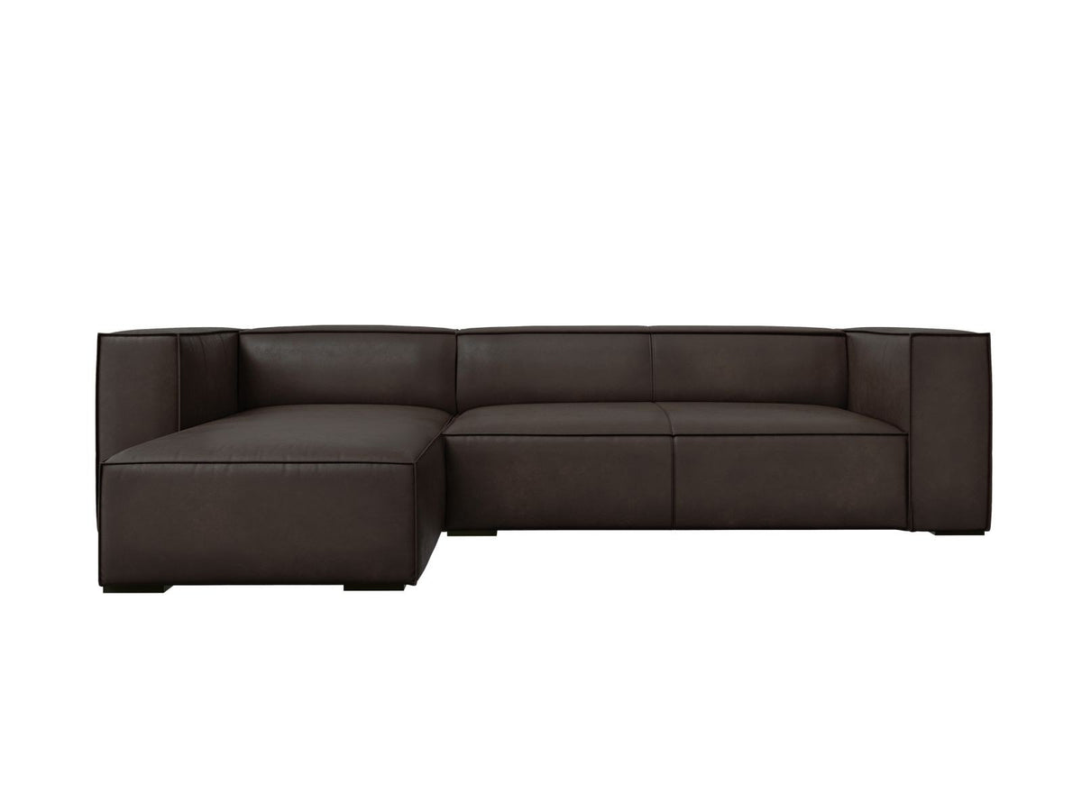 Turin Ecksofa links aus Rindsleder in Grey Brown-Granada, Massivholzrahmen, Récamiere und Holzfüsse, 5 Sitzplätze, Cosmopolitan Design