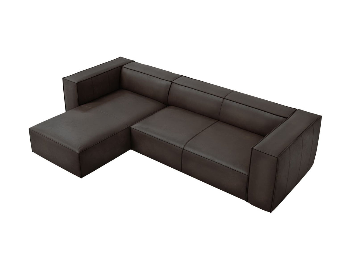Turin Ecksofa links aus Rindsleder in Grey Brown-Granada, Massivholzrahmen, Récamiere und Holzfüsse, 5 Sitzplätze, Cosmopolitan Design