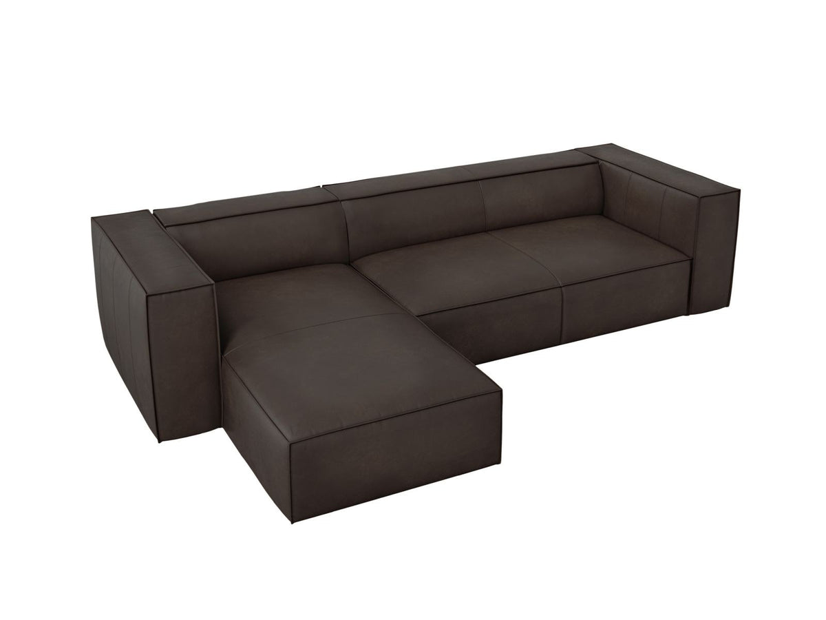 Turin Ecksofa links aus Rindsleder in Grey Brown-Granada, Massivholzrahmen, Récamiere und Holzfüsse, 5 Sitzplätze, Cosmopolitan Design
