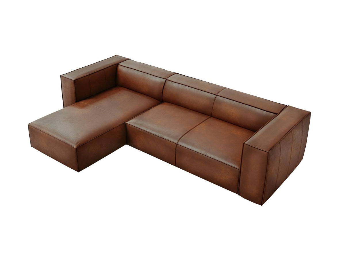 Turin Ecksofa links aus Rindsleder in Grey Brown-Granada, Massivholzrahmen, Récamiere und Holzfüsse, 5 Sitzplätze, Cosmopolitan Design