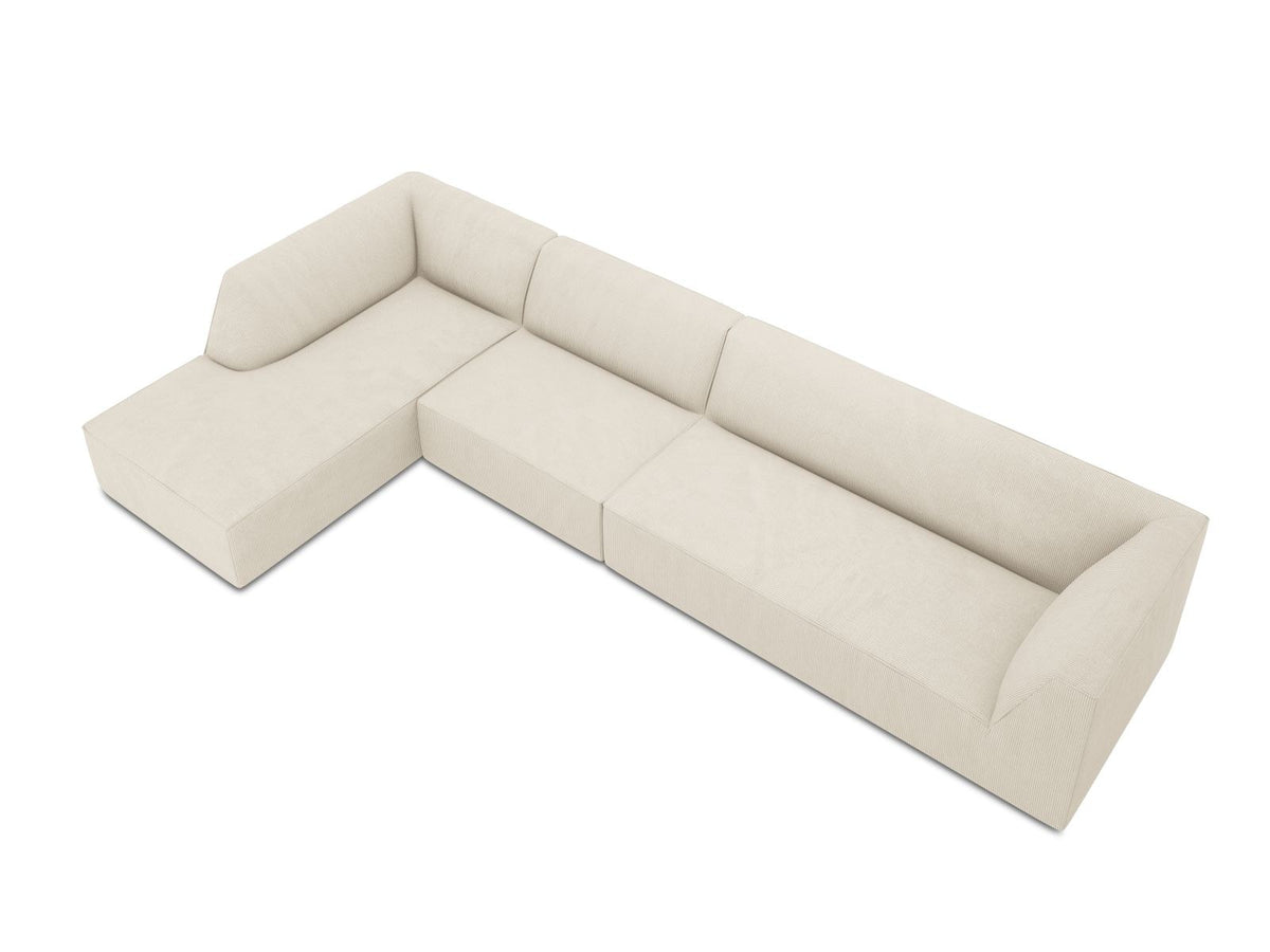 Modulares Ecksofa links Siena in Dark Grey-Scala mit strukturiertem Cordstoff, Massivholzrahmen und schwarzen Kunststoffbeinen, 5-Sitzer 180cm.