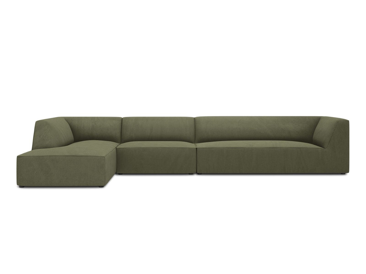 Modulares Ecksofa links Siena in Dark Grey-Scala mit strukturiertem Cordstoff, Massivholzrahmen und schwarzen Kunststoffbeinen, 5-Sitzer 180cm.