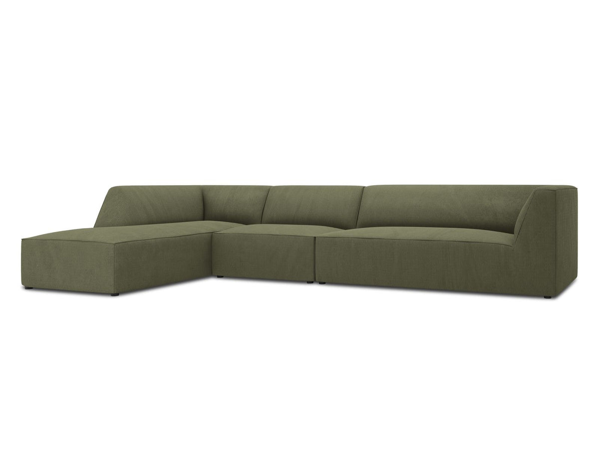 Modulares Ecksofa links Siena in Dark Grey-Scala mit strukturiertem Cordstoff, Massivholzrahmen und schwarzen Kunststoffbeinen, 5-Sitzer 180cm.