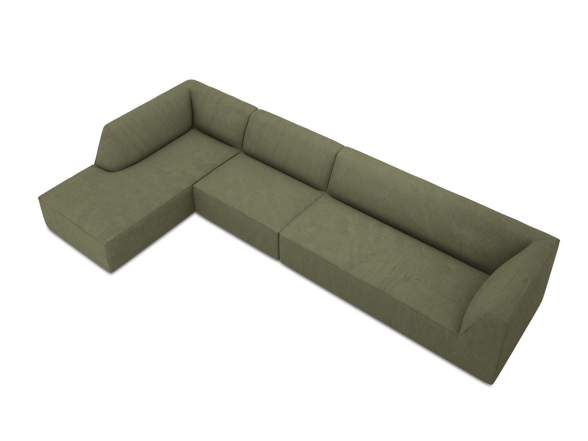 Modulares Ecksofa links Siena in Dark Grey-Scala mit strukturiertem Cordstoff, Massivholzrahmen und schwarzen Kunststoffbeinen, 5-Sitzer 180cm.