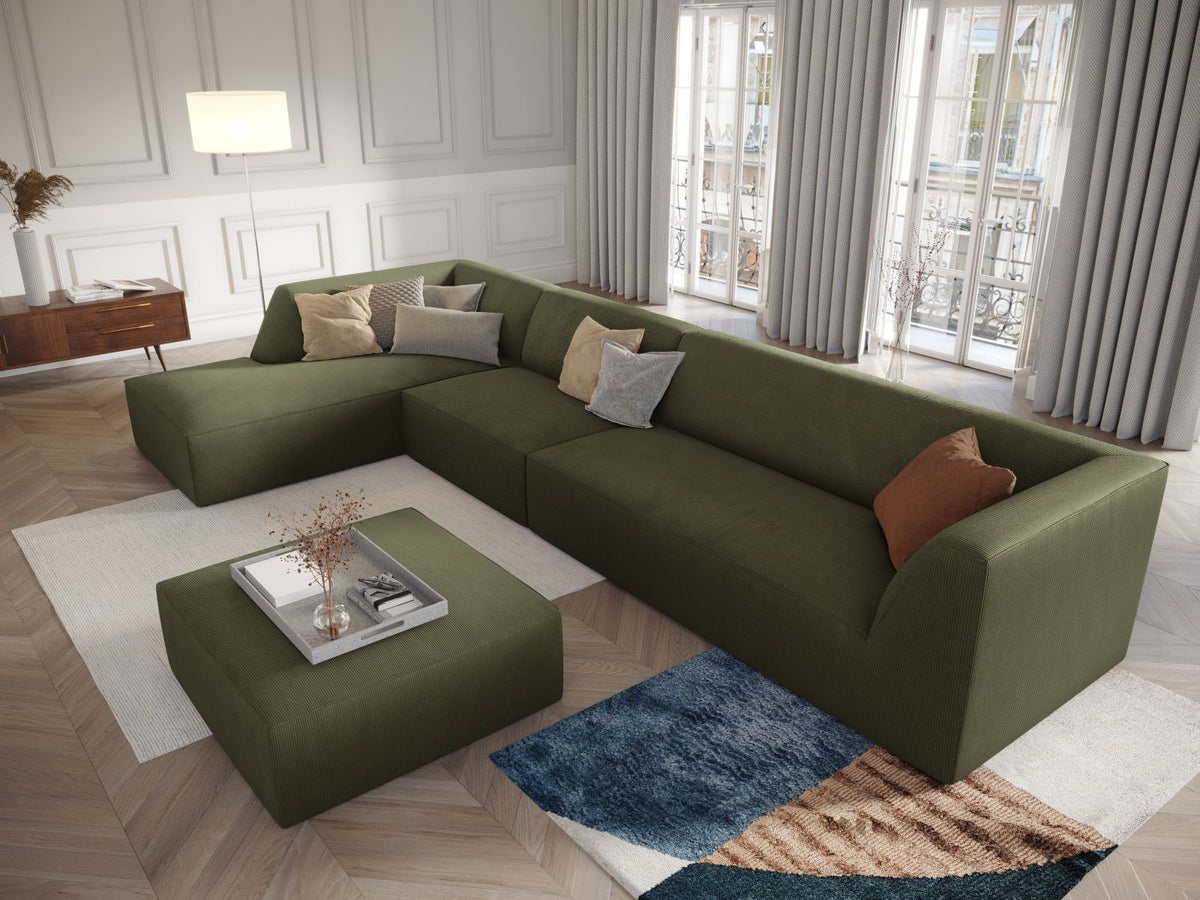 Modulares Ecksofa links Siena in Dark Grey-Scala mit strukturiertem Cordstoff, Massivholzrahmen und schwarzen Kunststoffbeinen, 5-Sitzer 180cm.