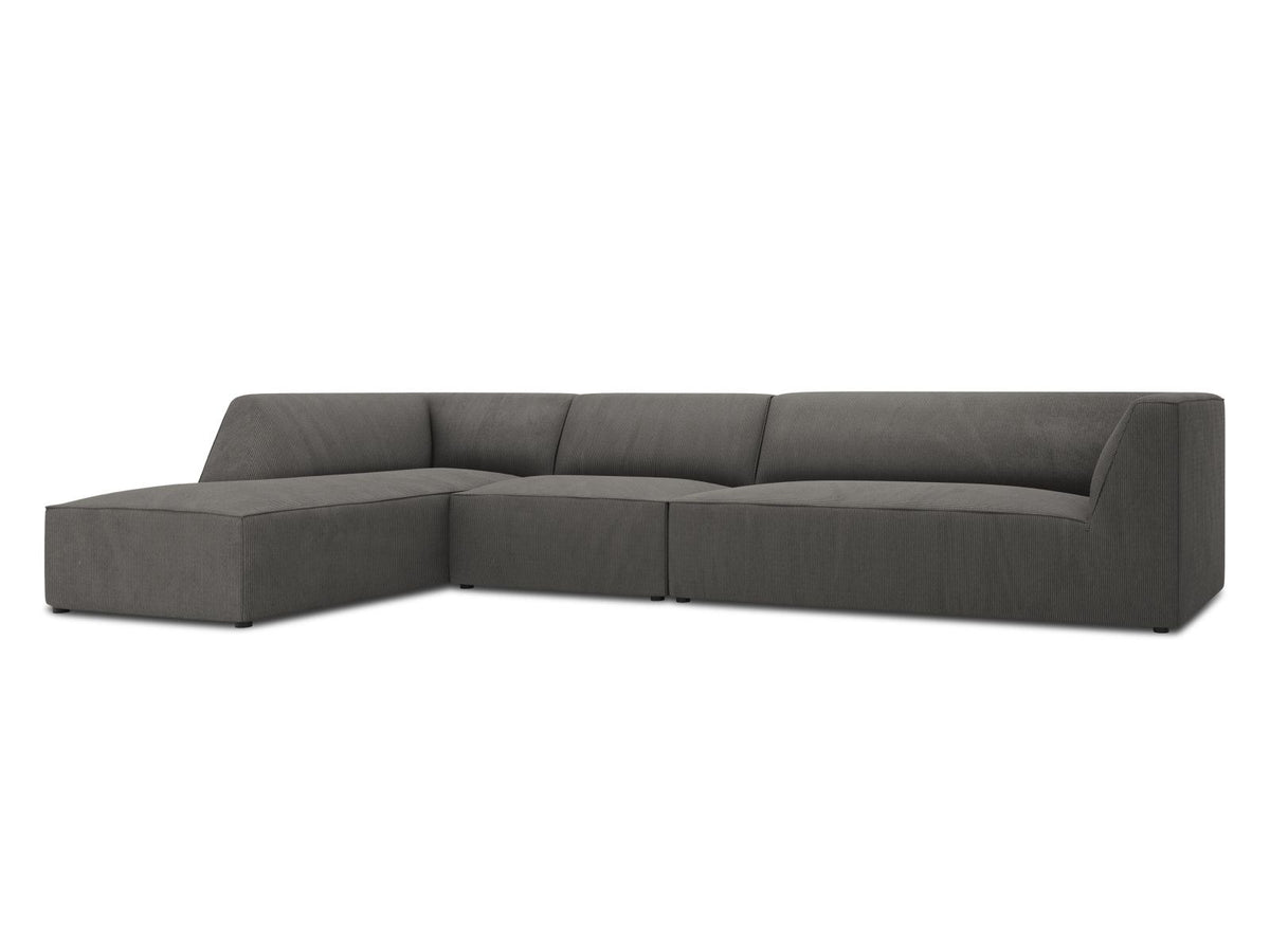 Modulares Ecksofa links Siena in Dark Grey-Scala mit strukturiertem Cordstoff, Massivholzrahmen und schwarzen Kunststoffbeinen, 5-Sitzer 180cm.