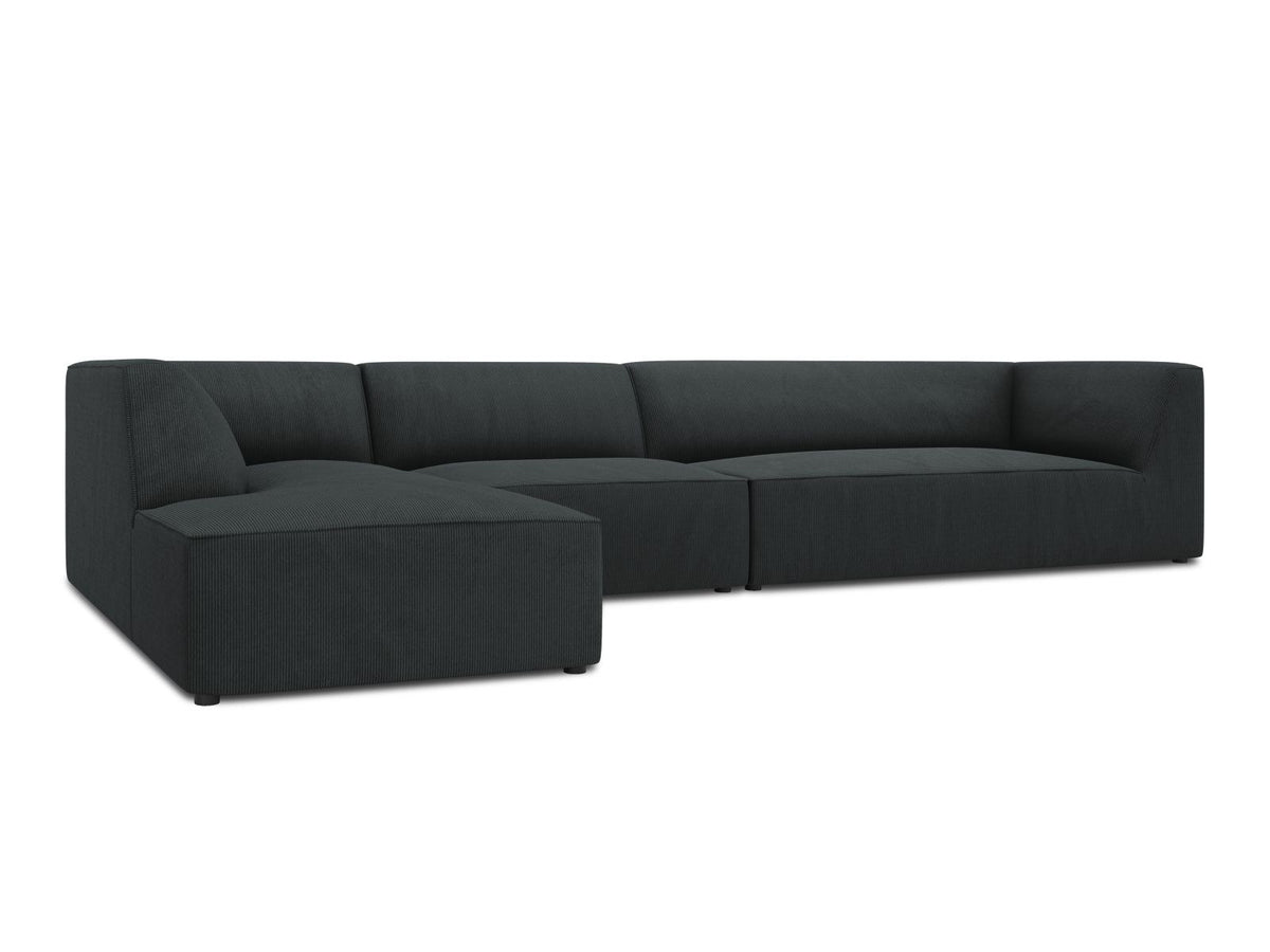 Modulares Ecksofa links Siena in Dark Grey-Scala mit strukturiertem Cordstoff, Massivholzrahmen und schwarzen Kunststoffbeinen, 5-Sitzer 180cm.