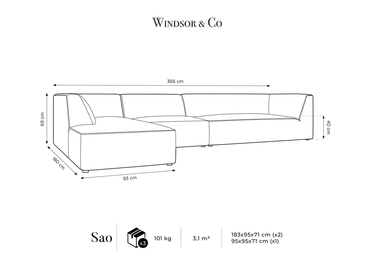 Modulares Ecksofa links Siena in Dark Grey-Scala mit strukturiertem Cordstoff, Massivholzrahmen und schwarzen Kunststoffbeinen, 5-Sitzer 180cm.
