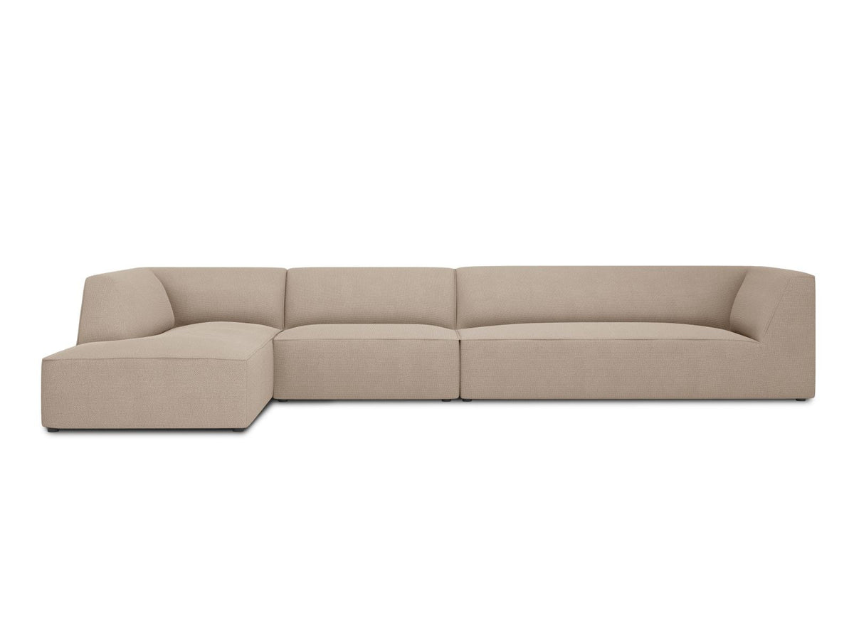 Modulares Ecksofa links Siena in Dark Grey-Scala mit strukturiertem Cordstoff, Massivholzrahmen und schwarzen Kunststoffbeinen, 5-Sitzer 180cm.