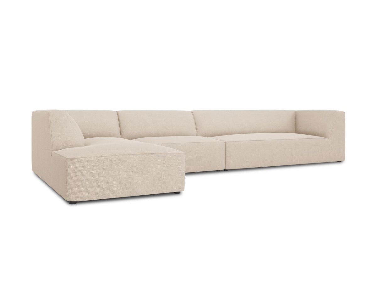 Modulares Ecksofa links Siena in Dark Grey-Scala mit strukturiertem Cordstoff, Massivholzrahmen und schwarzen Kunststoffbeinen, 5-Sitzer 180cm.
