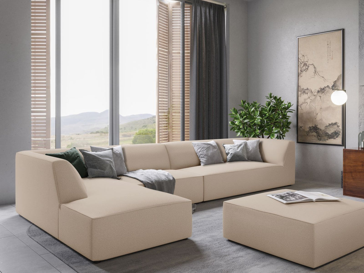 Modulares Ecksofa links Siena in Dark Grey-Scala mit strukturiertem Cordstoff, Massivholzrahmen und schwarzen Kunststoffbeinen, 5-Sitzer 180cm.