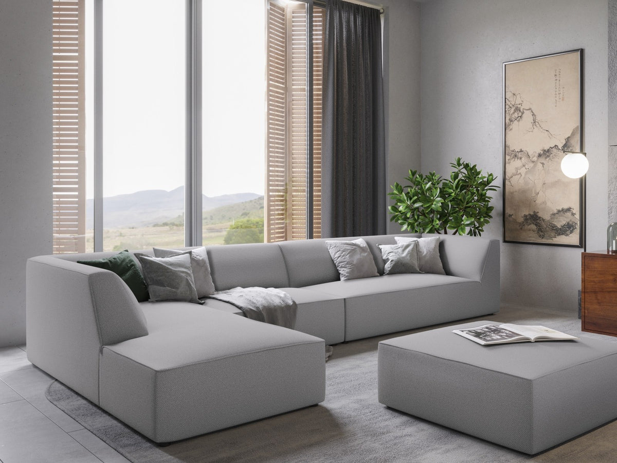 Modulares Ecksofa links Siena in Dark Grey-Scala mit strukturiertem Cordstoff, Massivholzrahmen und schwarzen Kunststoffbeinen, 5-Sitzer 180cm.