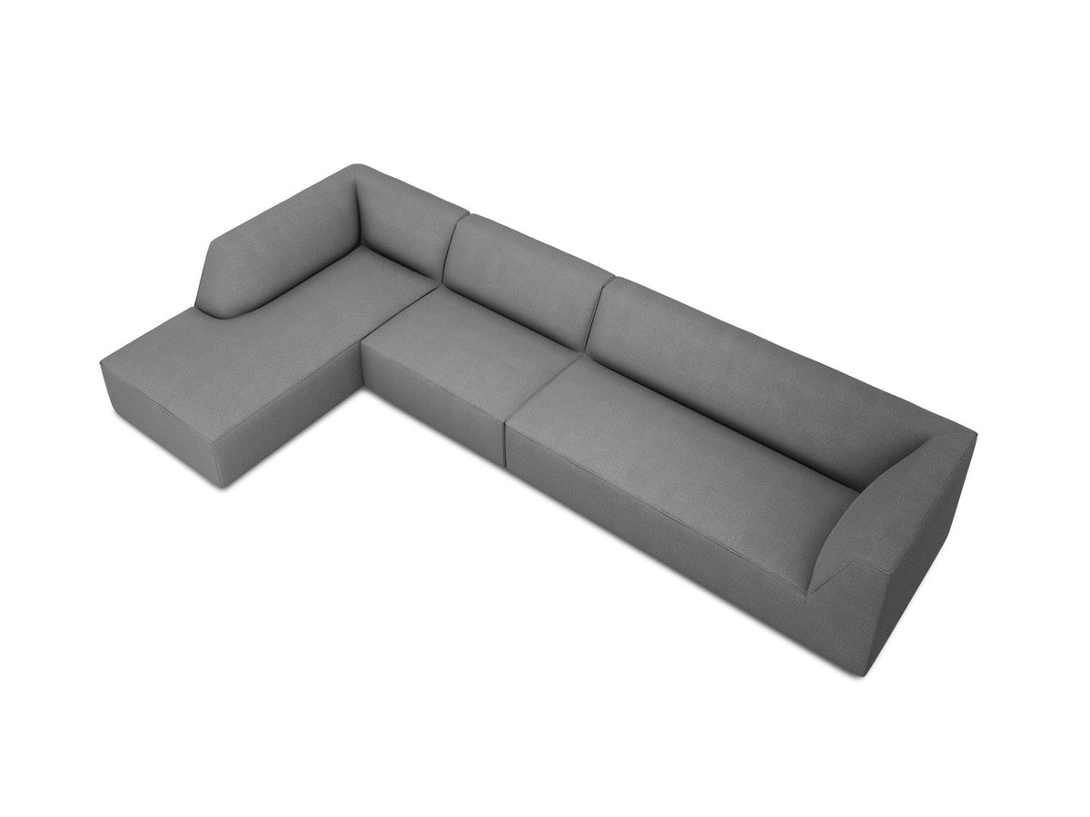 Modulares Ecksofa links Siena in Dark Grey-Scala mit strukturiertem Cordstoff, Massivholzrahmen und schwarzen Kunststoffbeinen, 5-Sitzer 180cm.