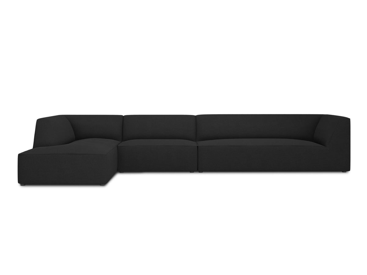 Modulares Ecksofa links Siena in Dark Grey-Scala mit strukturiertem Cordstoff, Massivholzrahmen und schwarzen Kunststoffbeinen, 5-Sitzer 180cm.