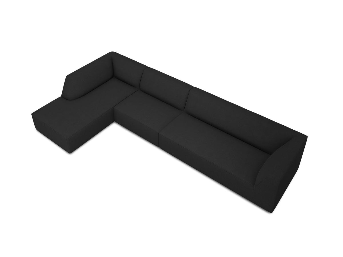 Modulares Ecksofa links Siena in Dark Grey-Scala mit strukturiertem Cordstoff, Massivholzrahmen und schwarzen Kunststoffbeinen, 5-Sitzer 180cm.