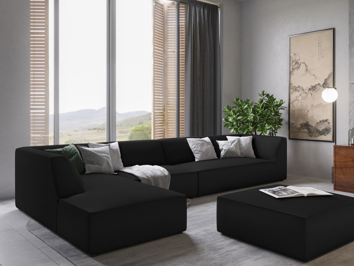 Modulares Ecksofa links Siena in Dark Grey-Scala mit strukturiertem Cordstoff, Massivholzrahmen und schwarzen Kunststoffbeinen, 5-Sitzer 180cm.