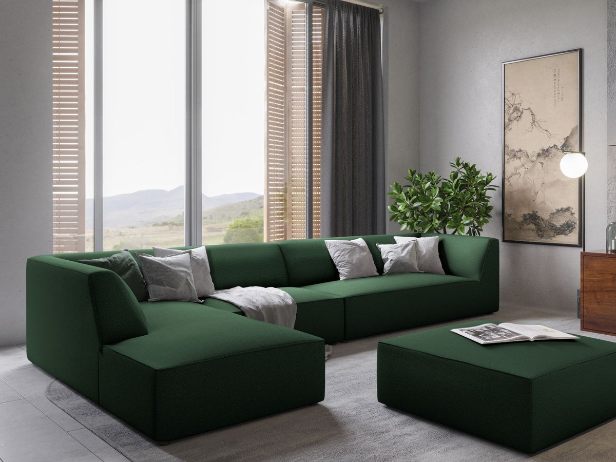 Modulares Ecksofa links Siena in Dark Grey-Scala mit strukturiertem Cordstoff, Massivholzrahmen und schwarzen Kunststoffbeinen, 5-Sitzer 180cm.