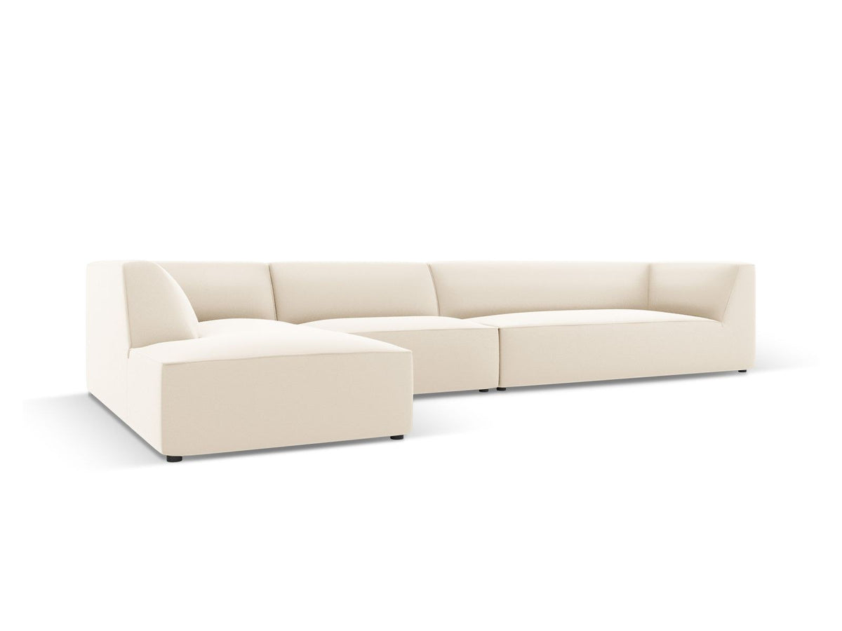 Modulares Ecksofa Siena in Light Beige mit lederähnlichem Bezugsstoff, schwarzen Kunststoffbeinen und moderner Eckform, 5-Sitzer, 180 cm Tiefe.