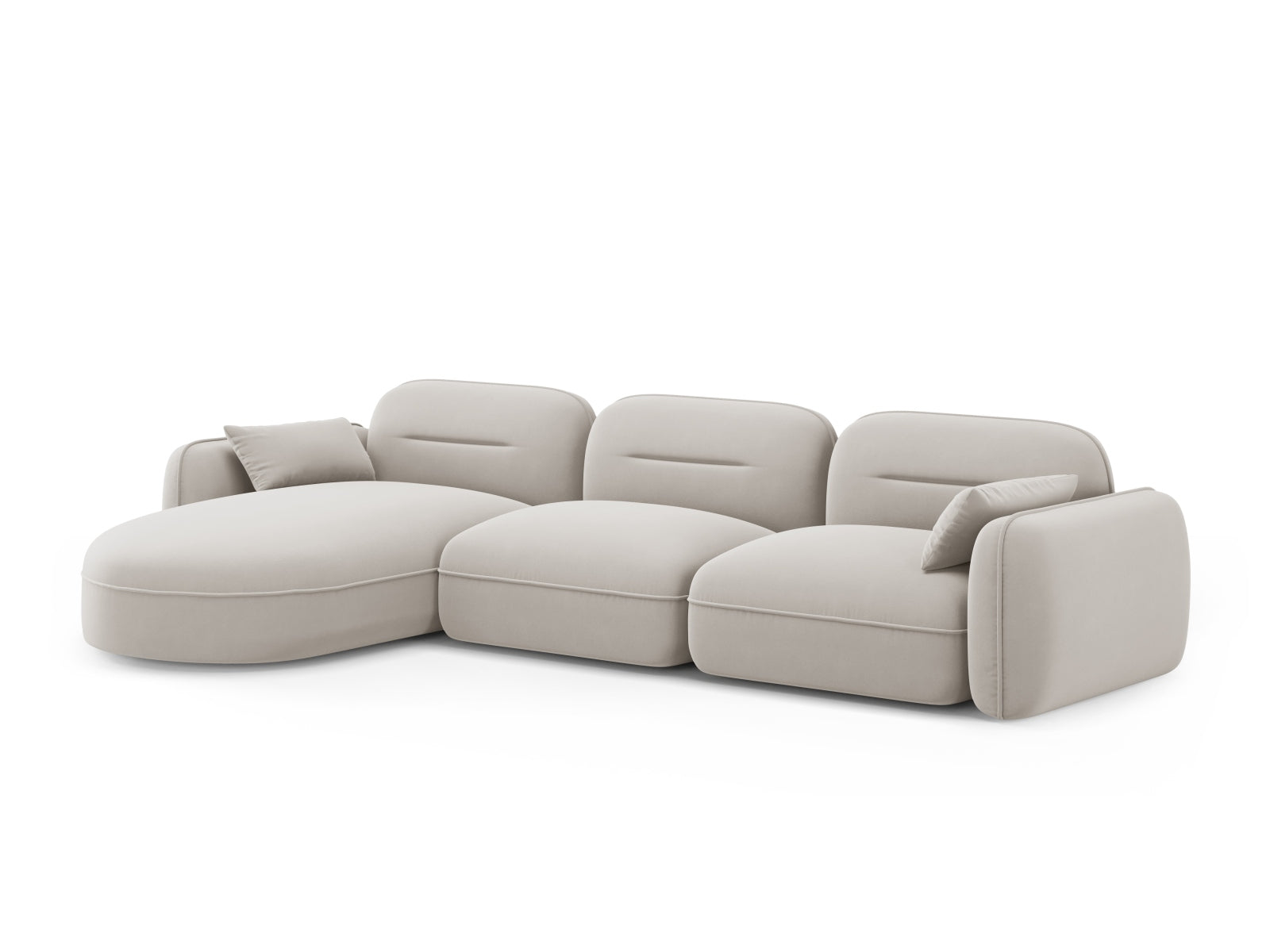 Modulares Sydney Velour Ecksofa in sanftem Beige, bietet großzügigen Platz für 4 Personen und vereint Stil mit höchstem Komfort.