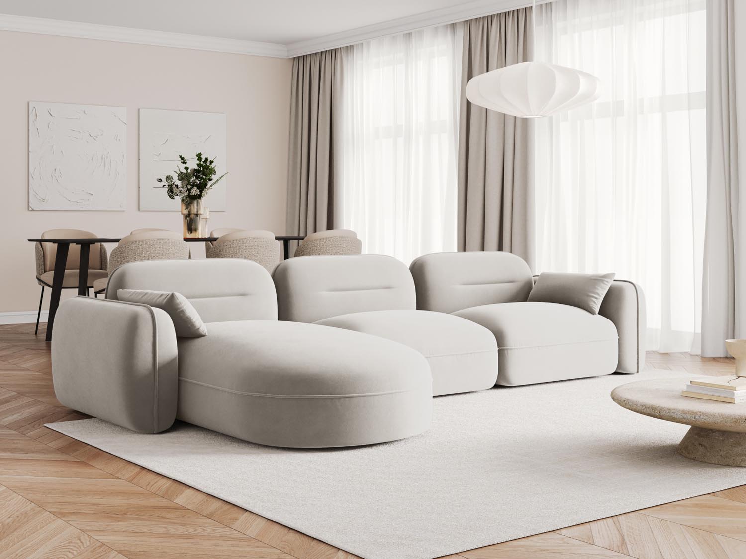 Elegantes Sydney Velour Ecksofa in Light Beige, ideal für stilvolle Wohnräume. Modular und komfortabel, perfekt für entspannte Abende.
