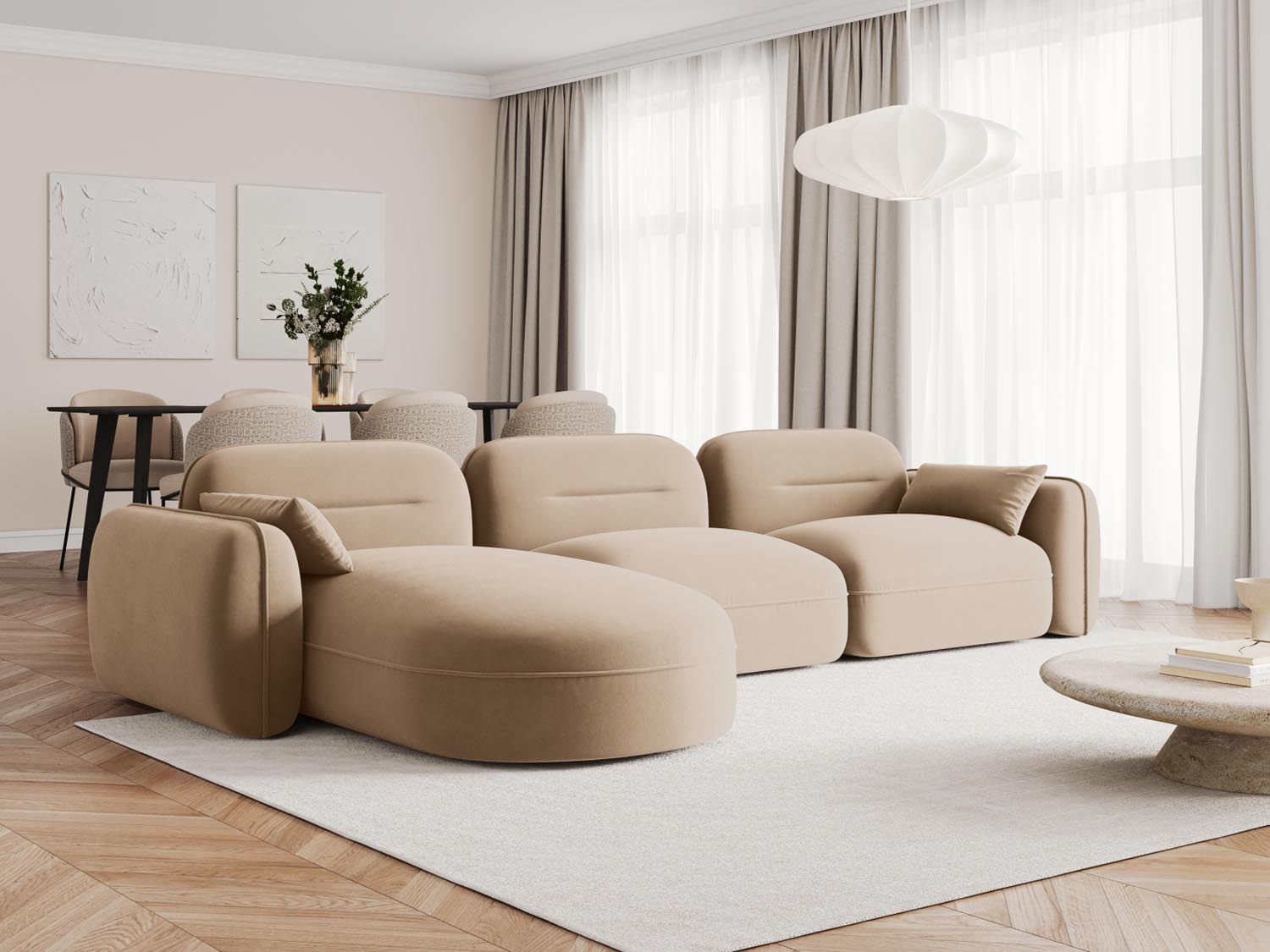 Elegantes Sydney Velour Ecksofa in Sand-Casino, ideal für stilvolle Wohnräume. Modular und komfortabel, perfekt für entspannte Abende.